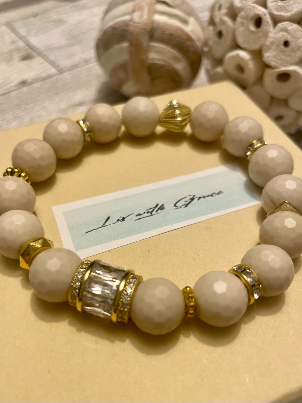 Cream sandstone with large accent gold and cz baguette accent bead 10mm handmade - Picture 3 of 5